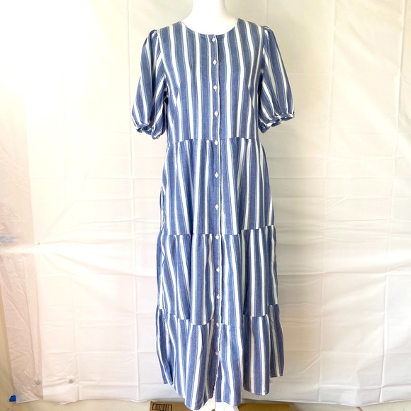 Old Navy Puff-Sleeve Tiered Midi Swing Dress in Blue Striped Small S Pockets - Picture 2 of 15